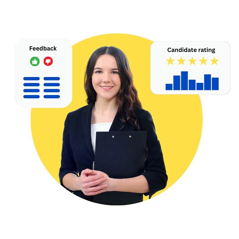 Junior HR manager with candidate ratings and feedback with orange circle
