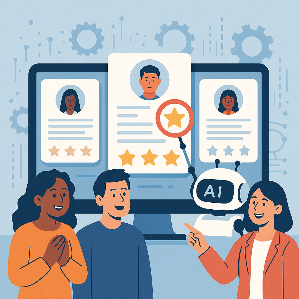 Digital illustration of a computer screen displaying multiple floating resumes, with an AI robot highlighting the best candidates for a diverse group of recruiters.