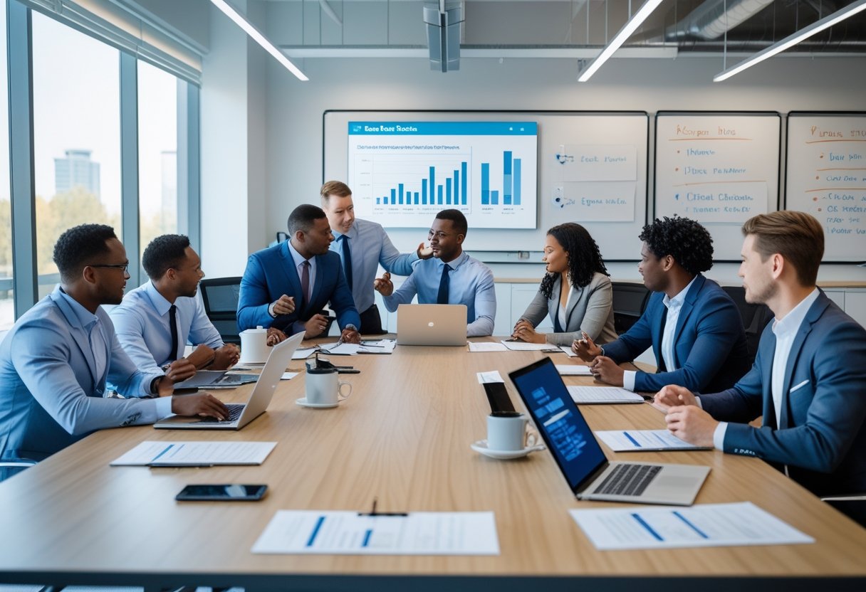 A group of sales recruiters working together around a table with laptops and documents in a bright office.