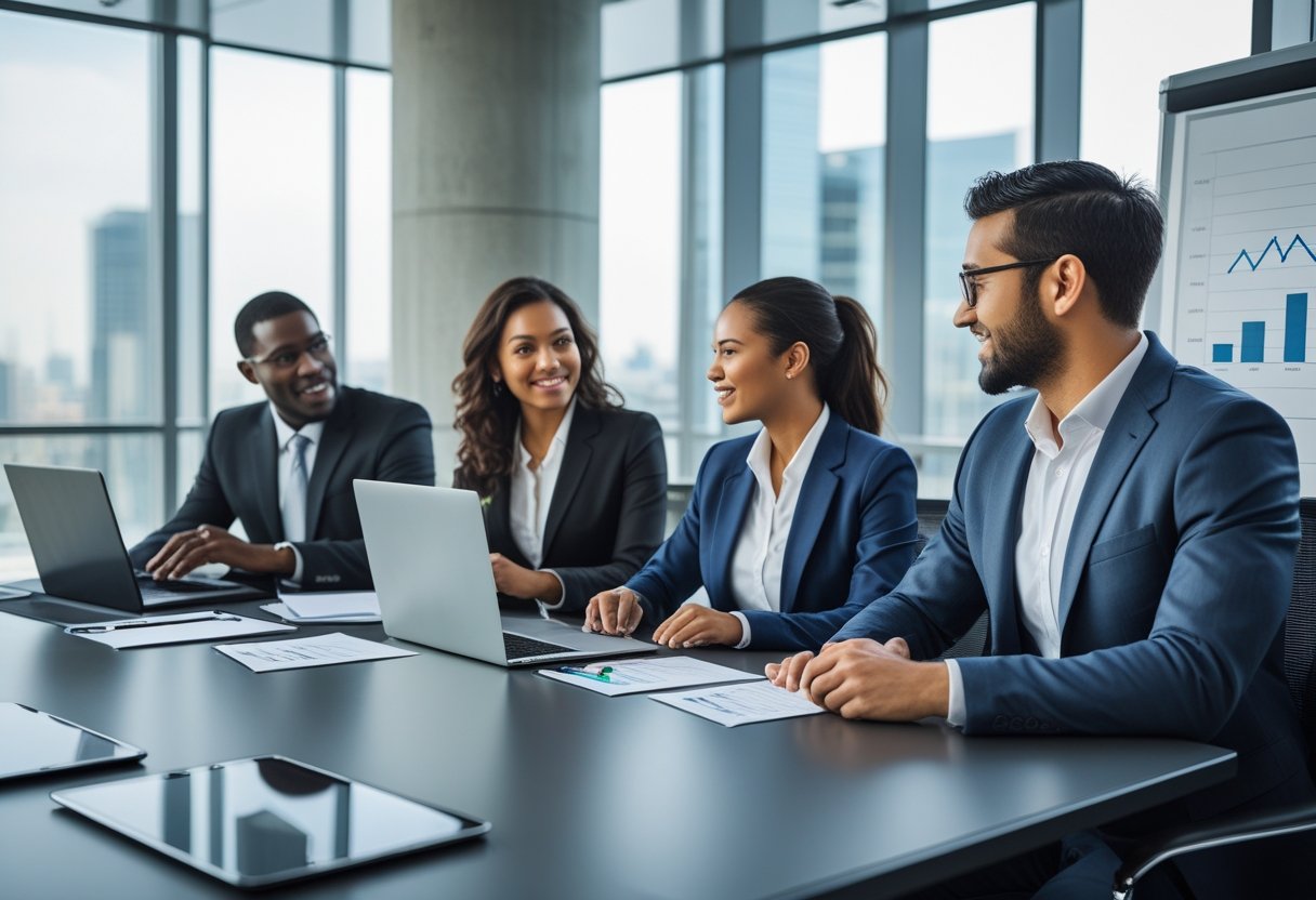 A group of sales recruiters working together in a modern office, discussing and using laptops around a conference table.