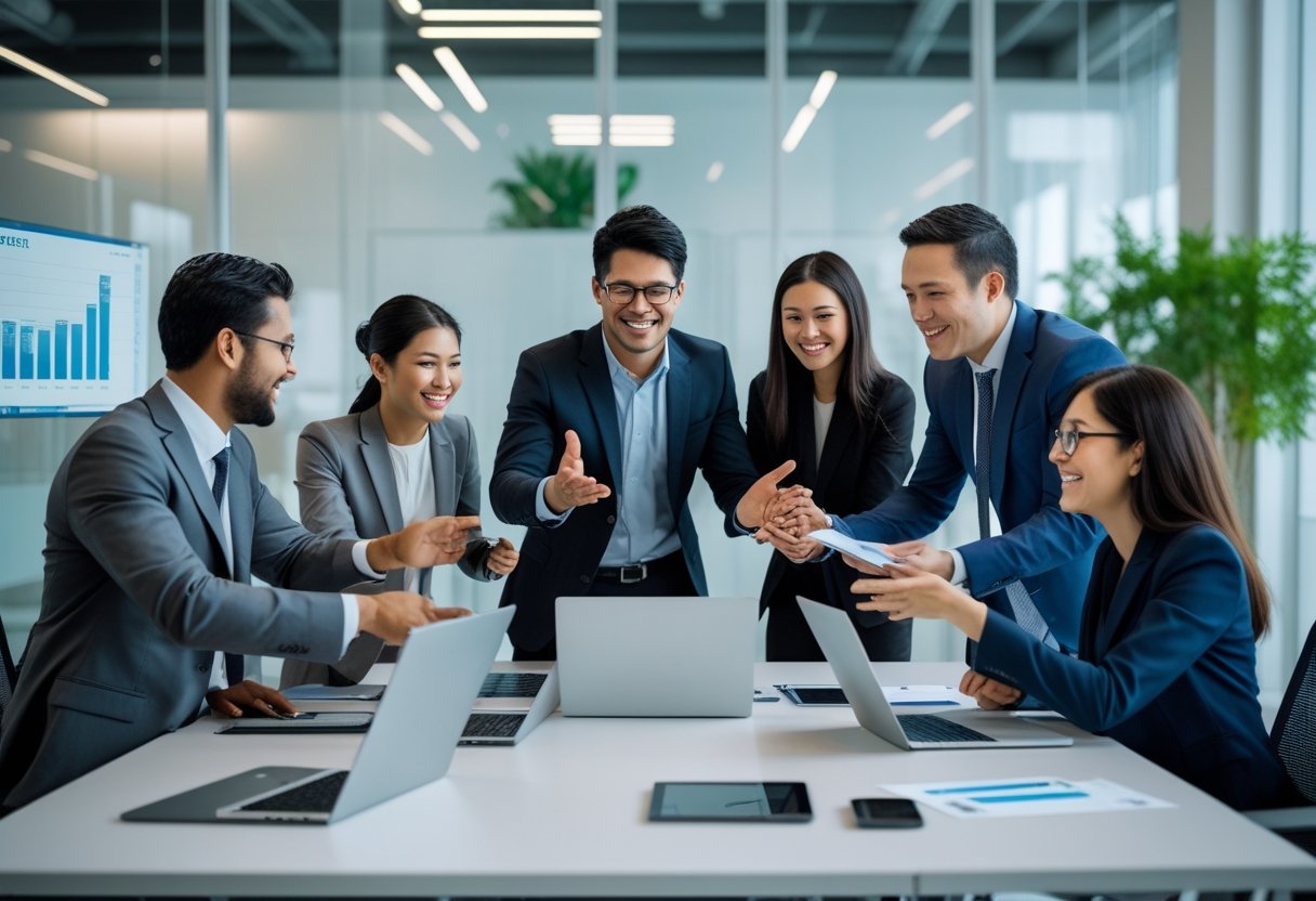A group of recruiters and candidates interacting around a conference table in a modern office during a recruitment meeting.