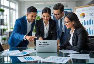 Three business professionals reviewing candidate profiles together in a bright office.