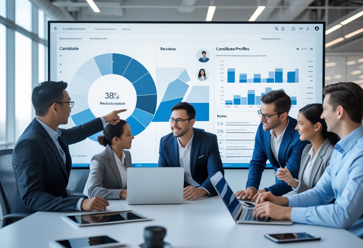 A group of professionals collaborating around a digital touchscreen in a modern office, reviewing data and candidate profiles.