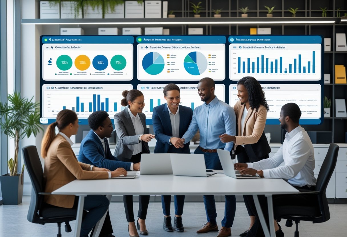 A group of professionals collaborating around a table with laptops and digital charts in an office setting.