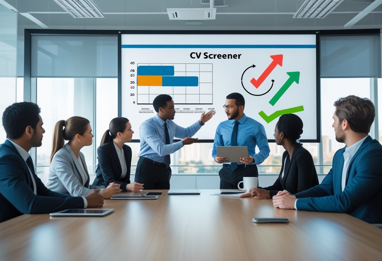 A group of professionals discussing and analyzing data around a conference table in a bright office.