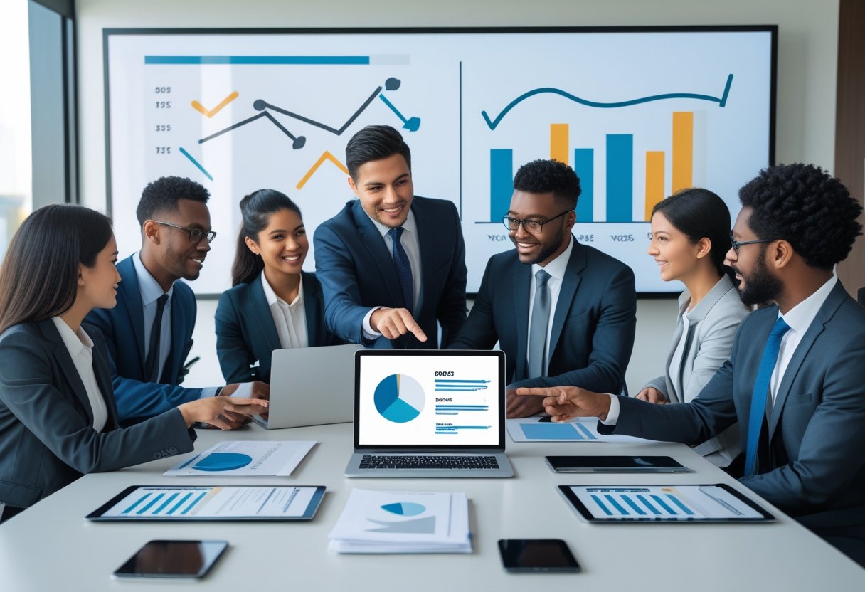 A group of professionals collaborating around a table reviewing resumes and digital screens in a modern office.