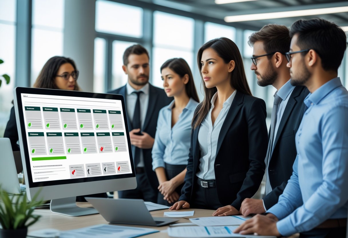 HR professionals reviewing resumes on a computer screen in an office, showing thoughtful expressions as they evaluate candidates.