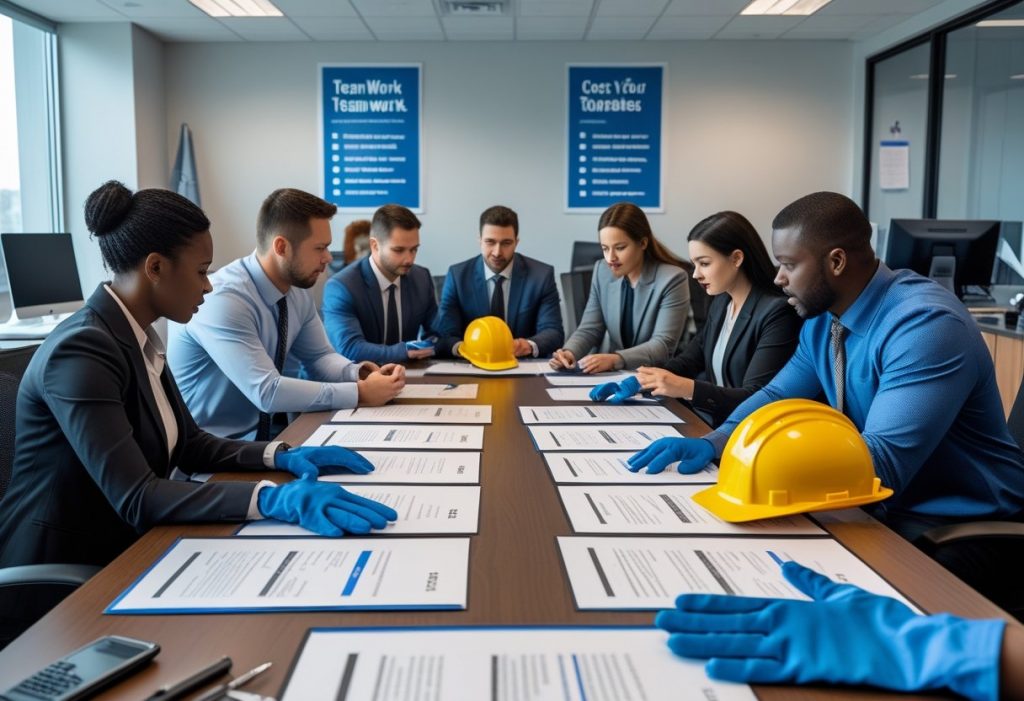 Recruiters in an office reviewing resumes for blue-collar job candidates around a table with safety gear and tools.