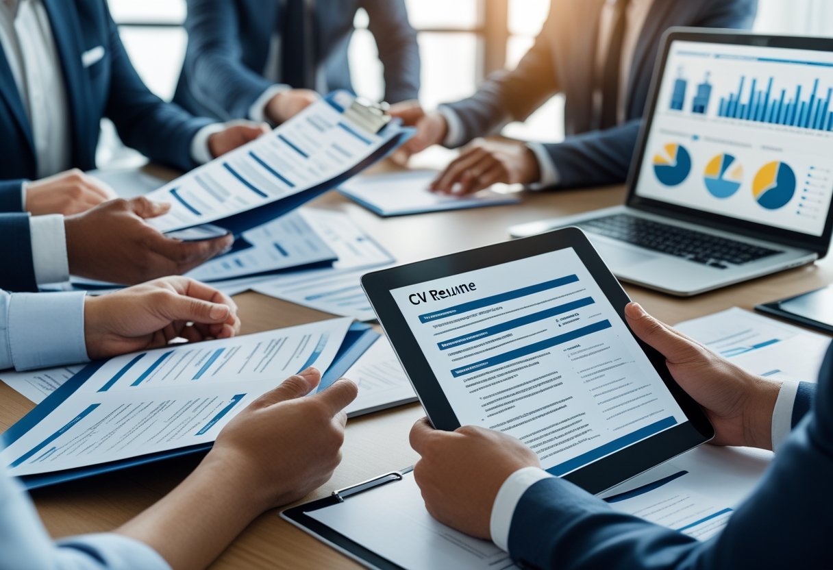People reviewing resumes and digital CVs in an office, focusing on blue-collar job applications.