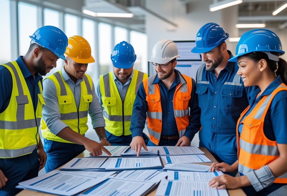 A group of blue-collar workers in uniforms reviewing resumes together around a table in a bright office.