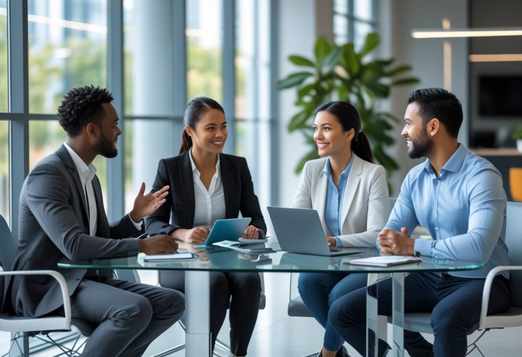 A recruiter talking with two candidates in a modern office during a professional meeting.