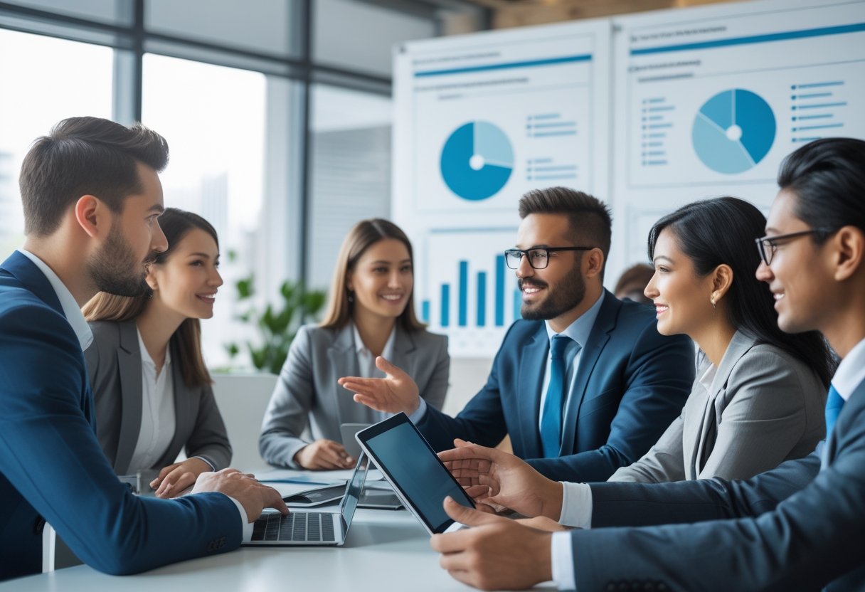A group of business professionals in a modern office collaborating around a table with digital devices, discussing talent acquisition strategy.