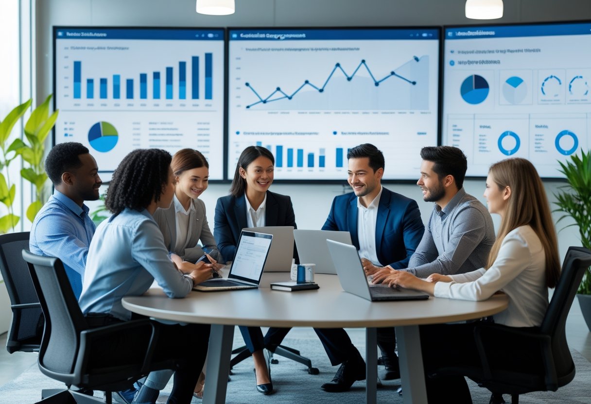 A diverse group of professionals in an office meeting, reviewing resumes and digital profiles on laptops and tablets, discussing candidate sourcing strategies.