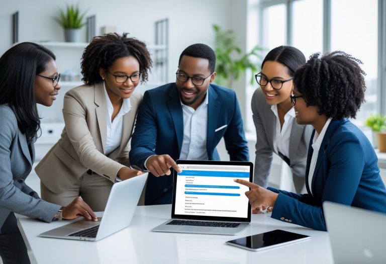 Three professionals collaborating around a desk with laptops and tablets in a bright office, discussing digital communication.