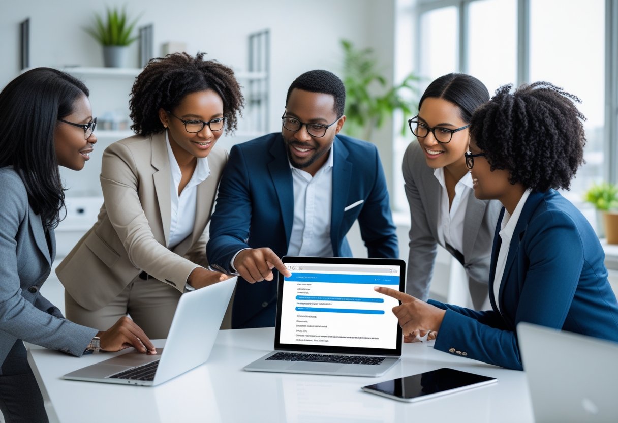 Three professionals collaborating around a desk with laptops and tablets in a bright office, discussing digital communication.