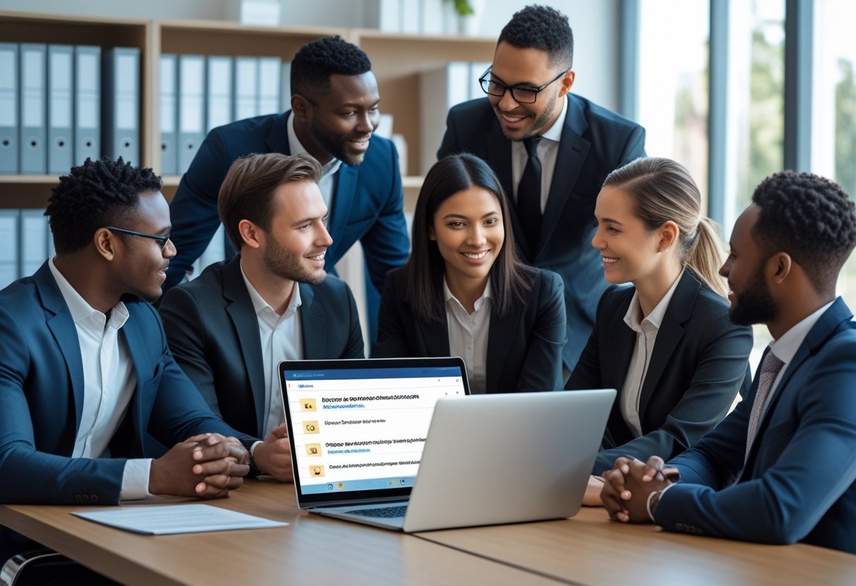 A group of business professionals collaborating around a table with a laptop showing an email inbox in a bright office.
