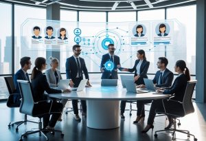 A group of business professionals collaborating around a table with digital devices displaying candidate profiles and automation icons in a modern office.