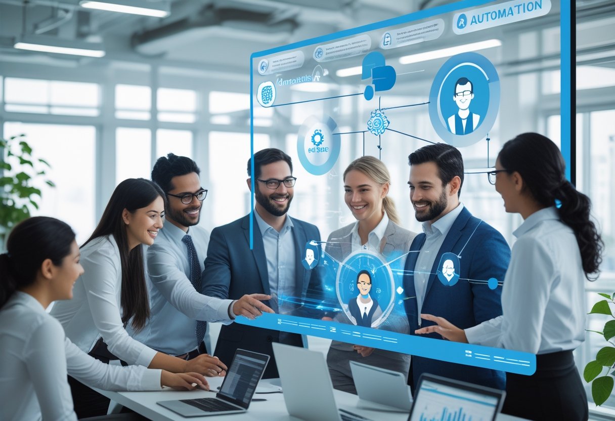 A diverse group of professionals collaborating around a digital touchscreen displaying candidate data and automation icons in a modern office.