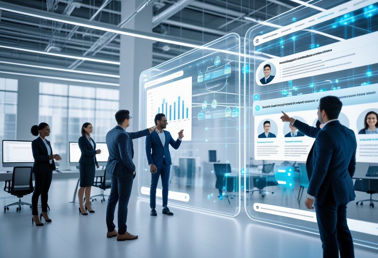A group of professionals in an office using futuristic digital screens to manage and reactivate candidates for recruitment.