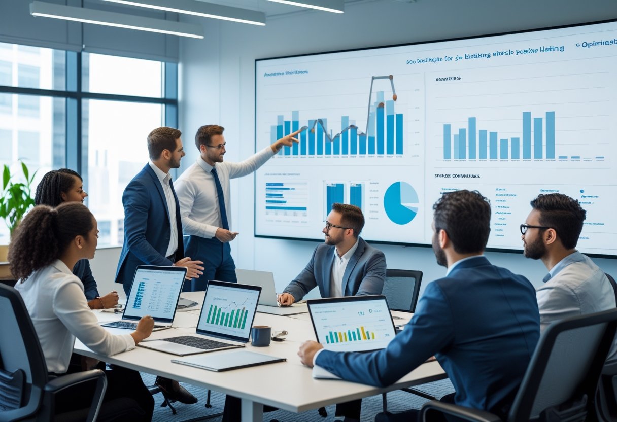 A group of recruiters in a modern office collaborating around a table with laptops and a large screen showing data and charts.