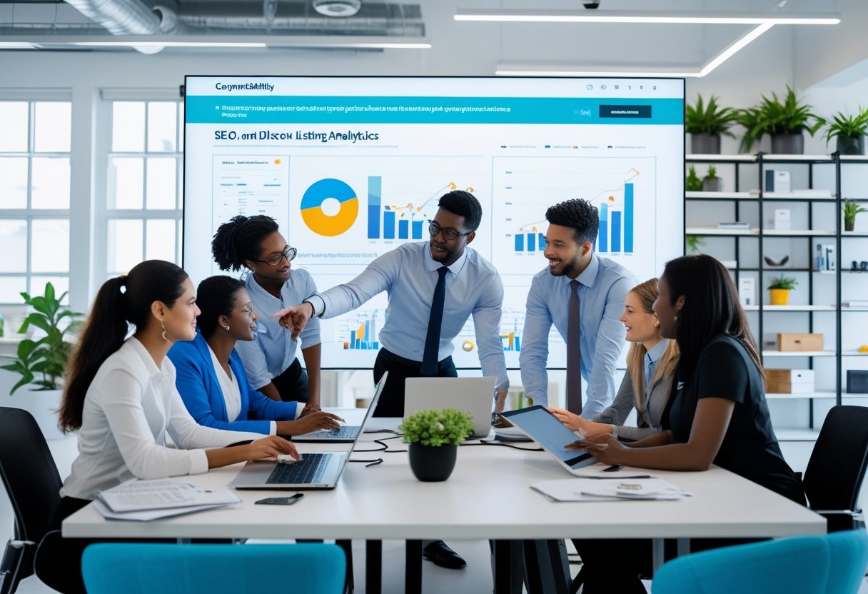 A diverse group of recruiters working together around a table with laptops and charts, discussing job listing strategies in a bright office.