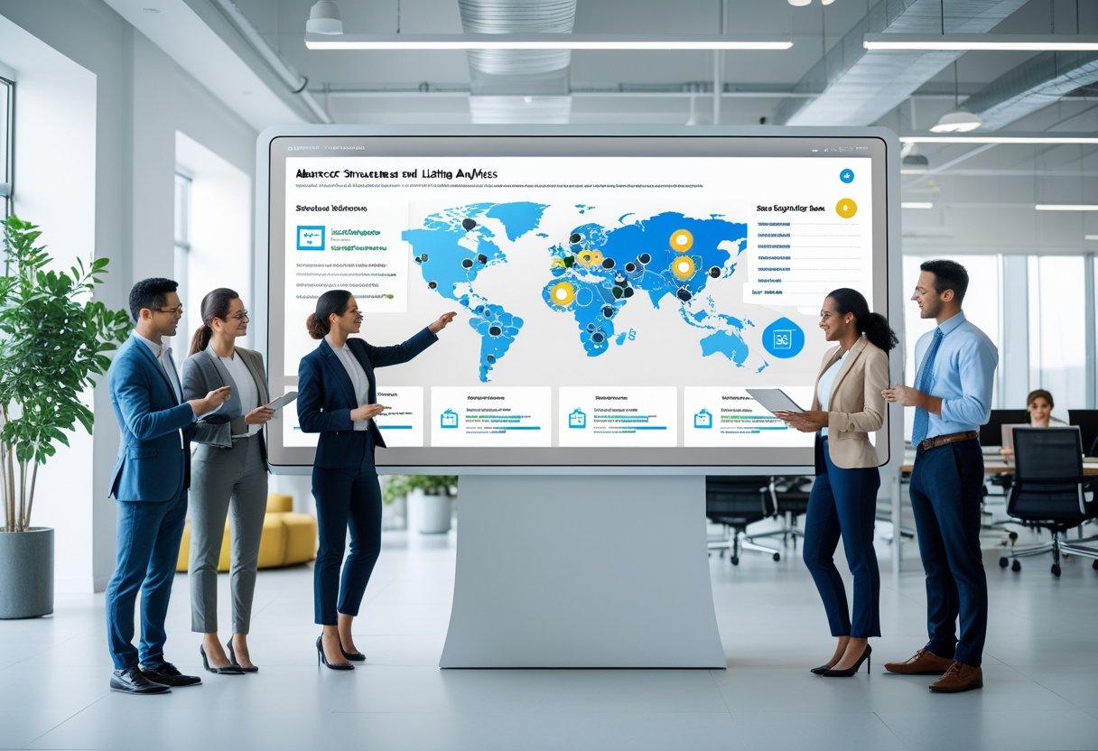 A group of recruiters collaborating around a digital touchscreen displaying data and job listing analytics in a modern office.