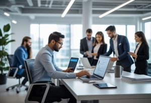 A recruiter at a desk using a laptop and smartphone to review candidate profiles in a bright office with colleagues collaborating in the background.