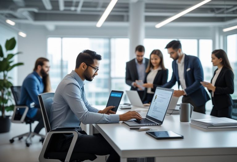 A recruiter at a desk using a laptop and smartphone to review candidate profiles in a bright office with colleagues collaborating in the background.