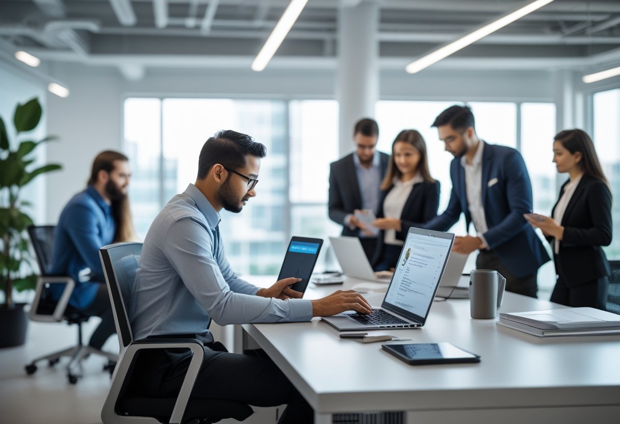 A recruiter at a desk using a laptop and smartphone to review candidate profiles in a bright office with colleagues collaborating in the background.