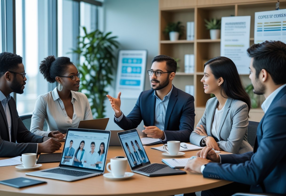 A group of professionals in a conference room collaborating around a table with laptops and documents, discussing candidate profiles.