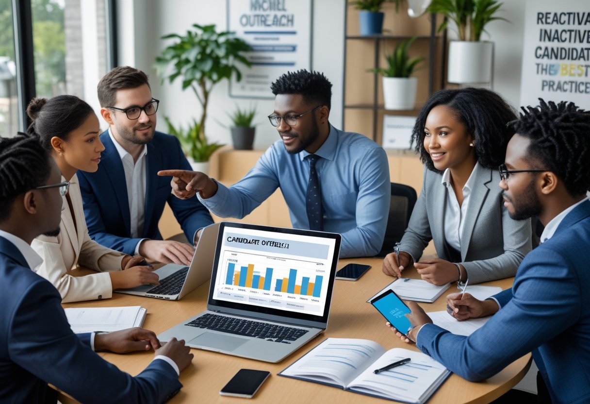 A group of professionals in an office discussing candidate outreach strategies around a conference table with laptops and notebooks.