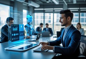 A sales professional interacts with a futuristic touchscreen while a holographic AI assistant analyzes performance in a modern office setting with other team members working nearby.
