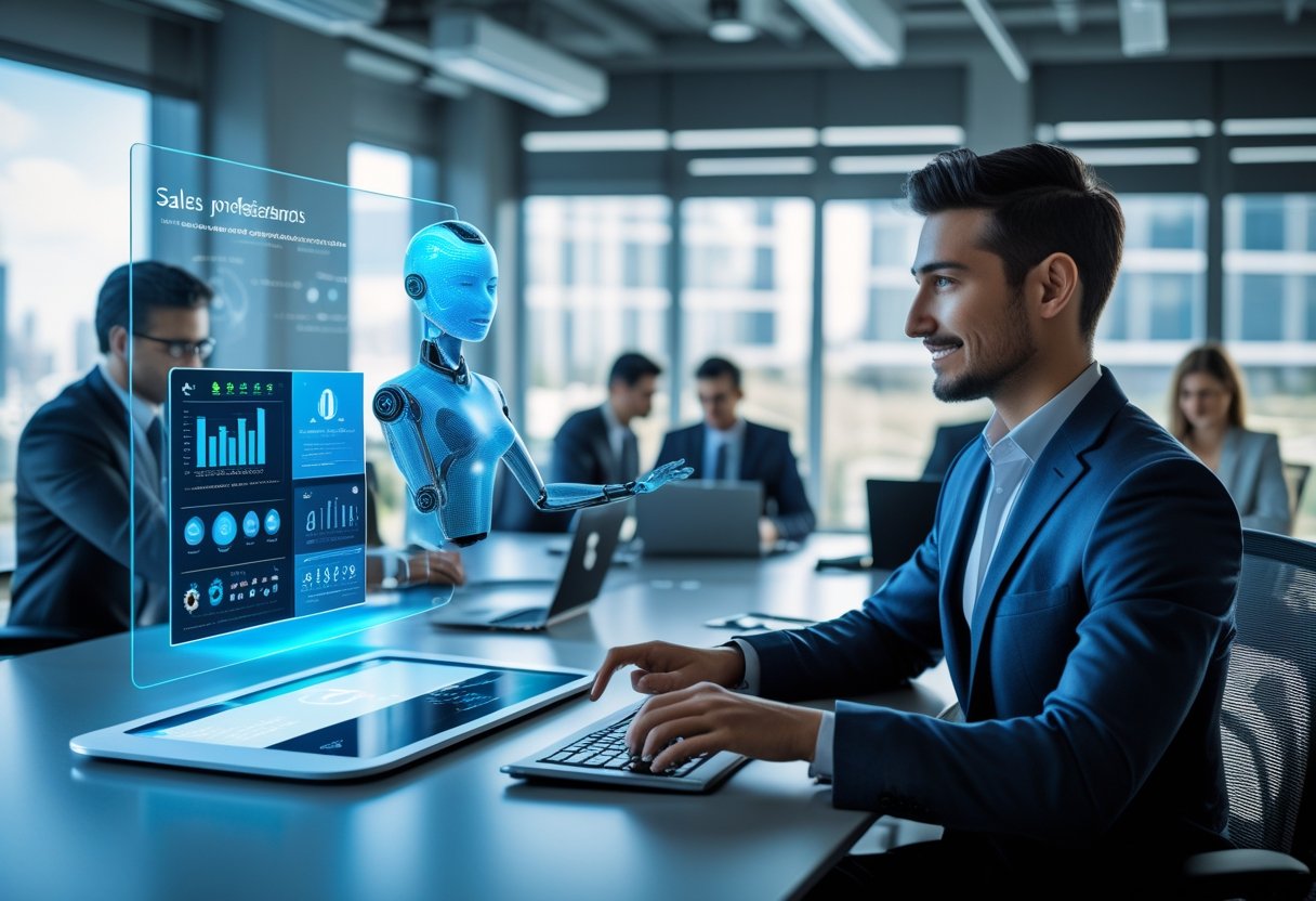A sales professional interacts with a futuristic touchscreen while a holographic AI assistant analyzes performance in a modern office setting with other team members working nearby.