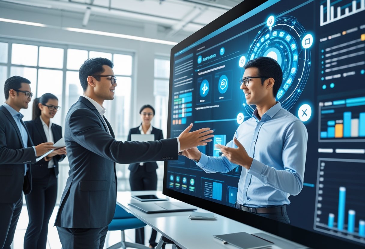 Sales professionals in an office interacting with a virtual AI assistant on a large screen during a roleplay evaluation.