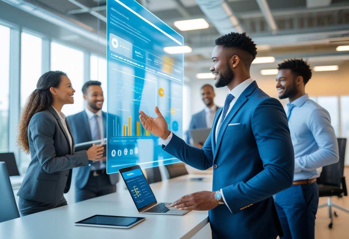 Sales professionals in a modern office using AI technology to evaluate sales performance during a roleplay session.