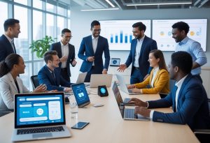 A group of sales professionals collaborating around a table with laptops and digital devices in a bright office setting.