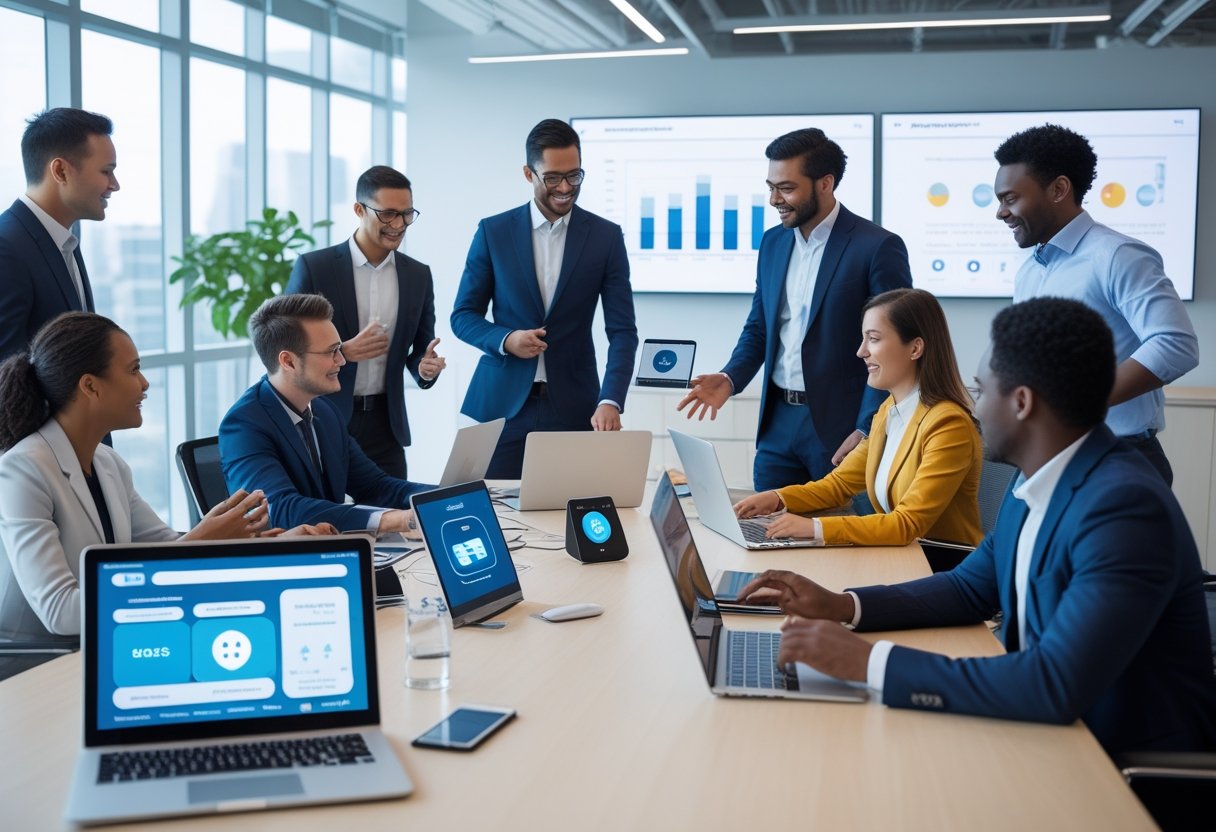 A group of sales professionals collaborating around a table with laptops and digital devices in a bright office setting.