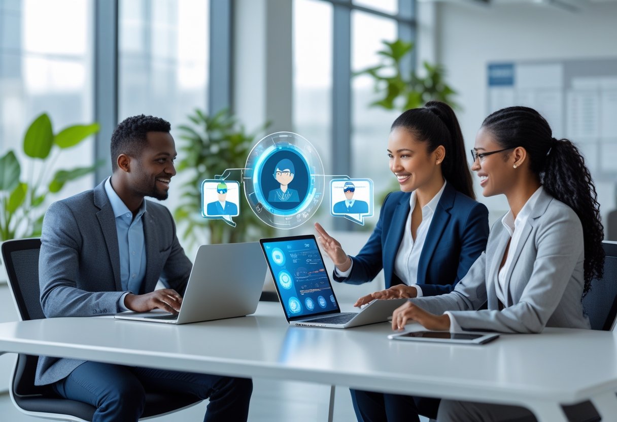 Two sales professionals working together at a desk with laptops and digital displays showing AI roleplay interactions in a bright modern office.