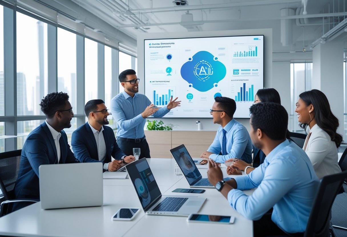 A diverse team of sales professionals collaborating in a bright conference room with digital screens and devices, engaged in a discussion about AI-driven sales strategies.