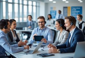 A group of business professionals in an office collaborating and working with headsets at desks.