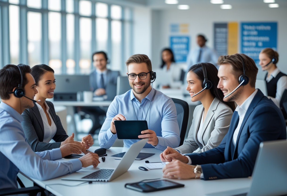 A group of business professionals in an office collaborating and working with headsets at desks.