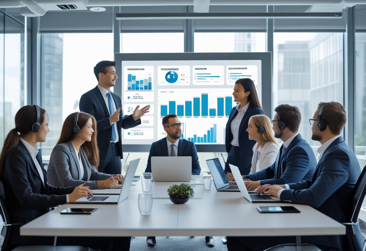 A group of people in a modern office having a recruitment meeting with charts on a screen and call center equipment in the background.