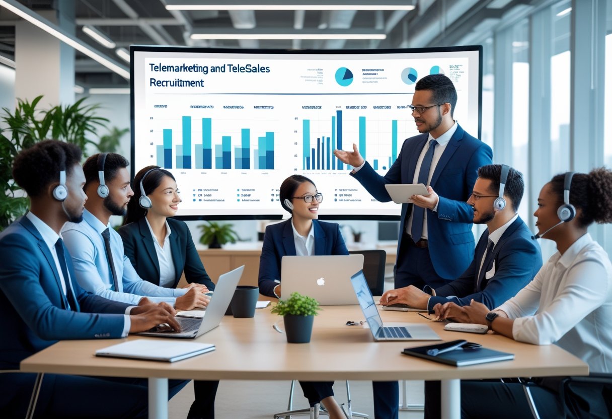 A group of business professionals in a meeting room discussing recruitment with charts on a screen and laptops on the table.
