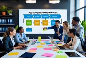A diverse team of professionals collaborating around a table with laptops and documents, reviewing a recruitment process chart on a digital screen in a bright office.