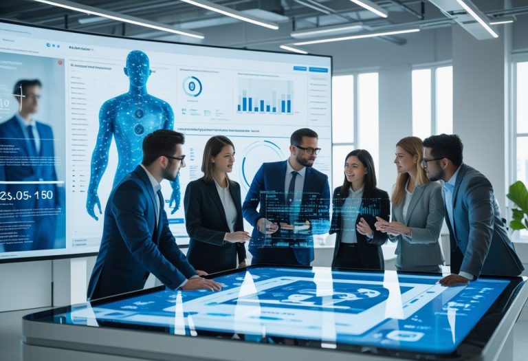 A group of professionals in a modern office analyzing AI-generated data and candidate profiles on digital screens during a recruitment meeting.