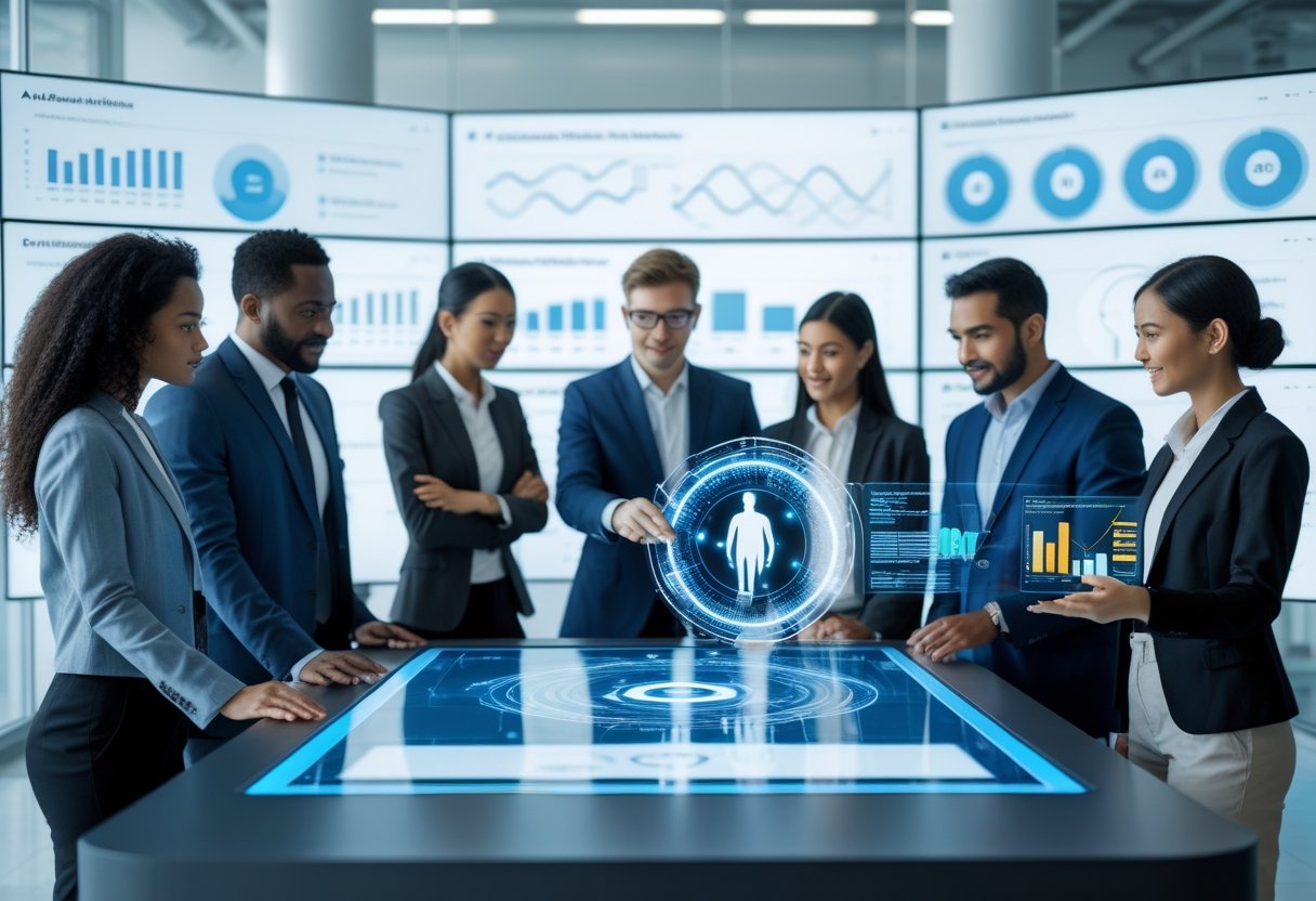 A diverse group of professionals in a modern office interacting with a large touchscreen displaying AI-driven recruitment data and candidate profiles.