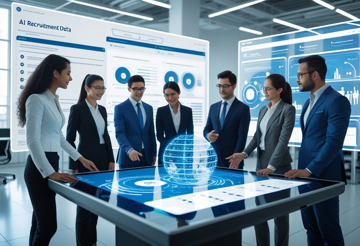 A diverse group of professionals in a modern office collaborating around a digital touchscreen table showing AI recruitment data and simulations.