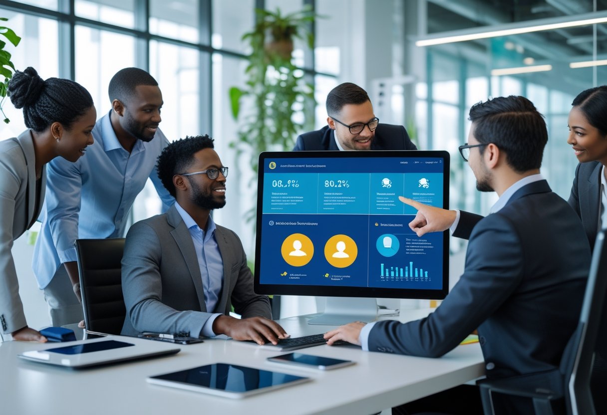 A group of professionals collaborating around a computer displaying candidate data in a modern office setting.