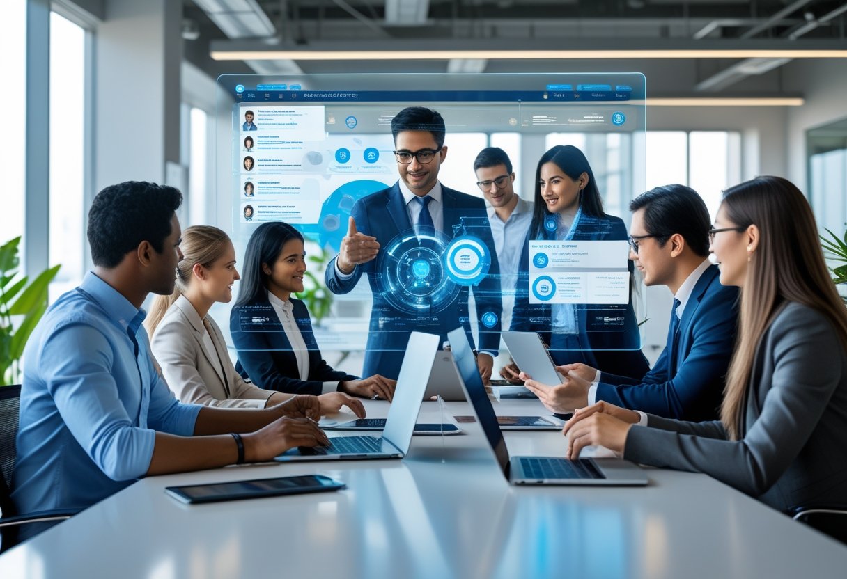 A diverse group of professionals collaborating around a table with digital screens showing AI-driven hiring data in a modern office.
