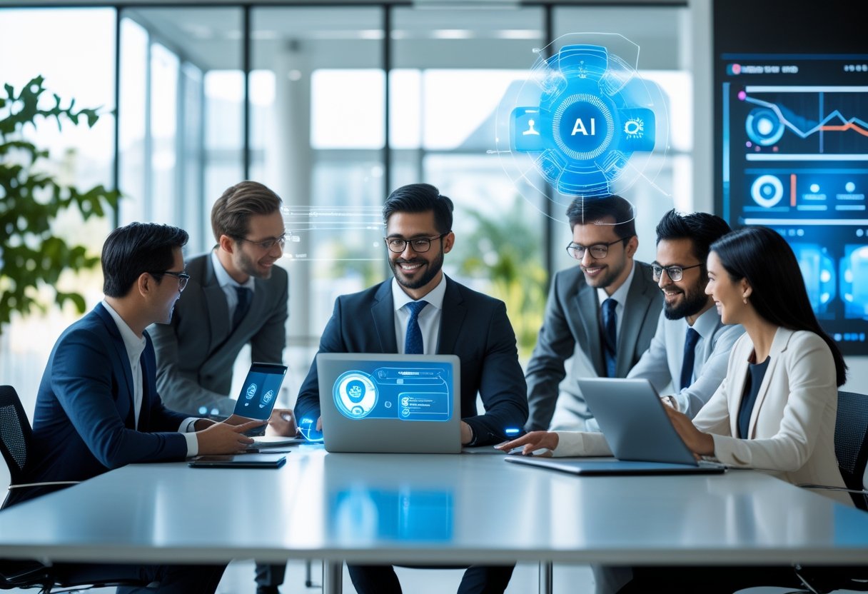 A group of professionals collaborating around a conference table using laptops and digital devices with AI interface elements in a modern office.